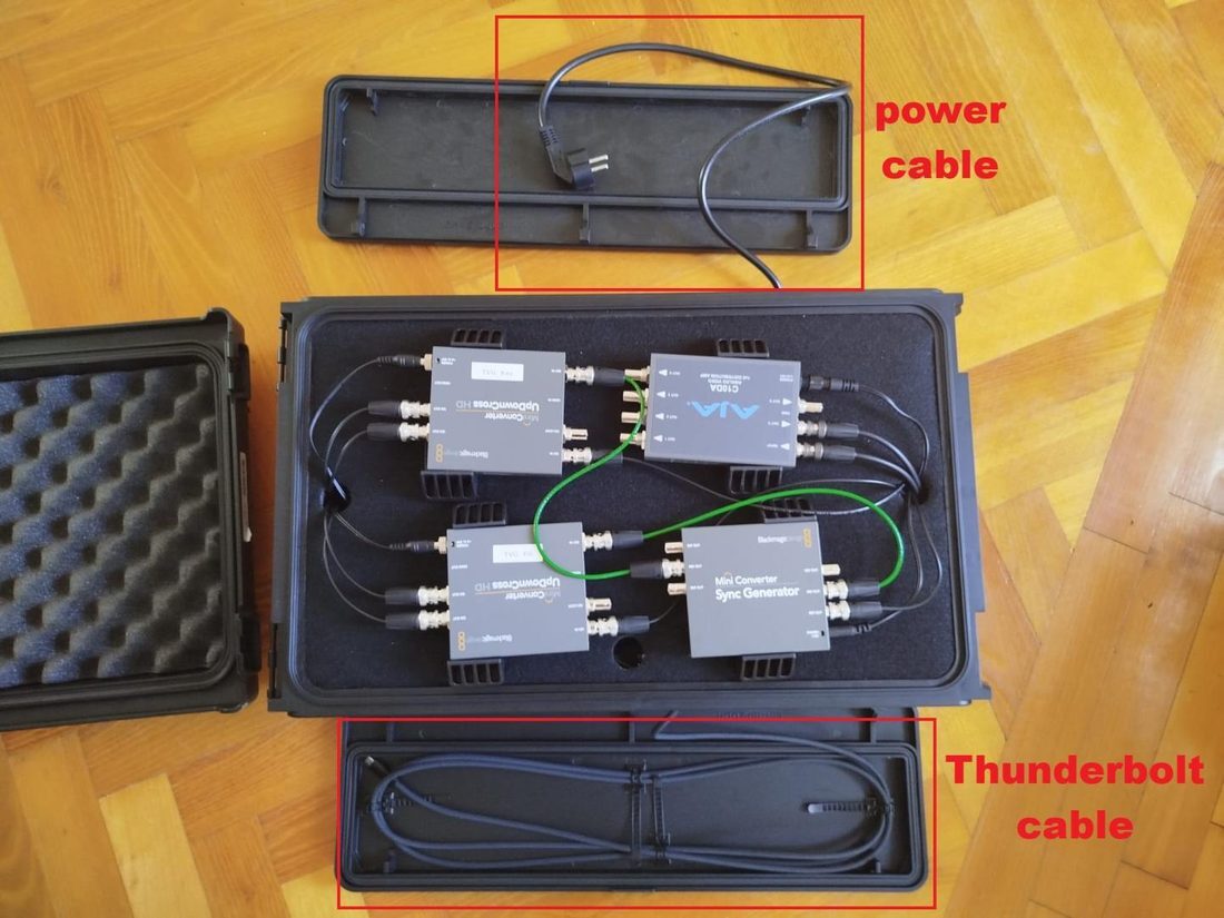 Open rack with power cable and Thunderbolt cable labelled