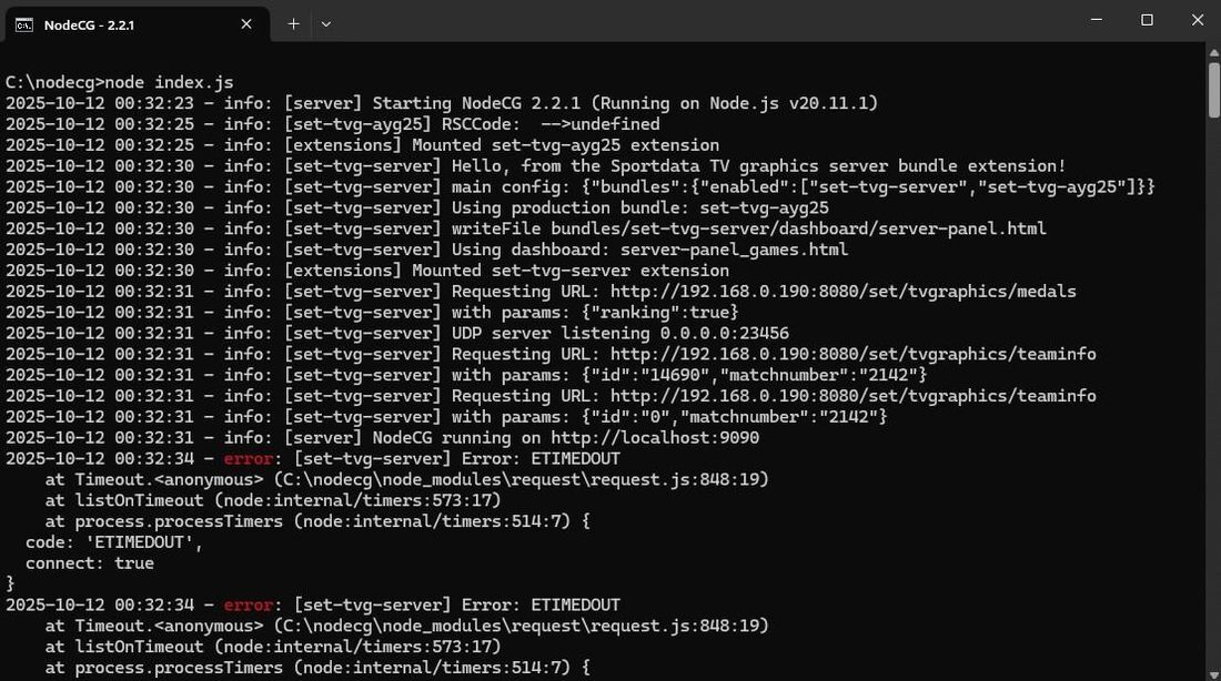 NodeCG command prompt window with log output