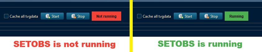 SET-OBS status strip showing not running versus running