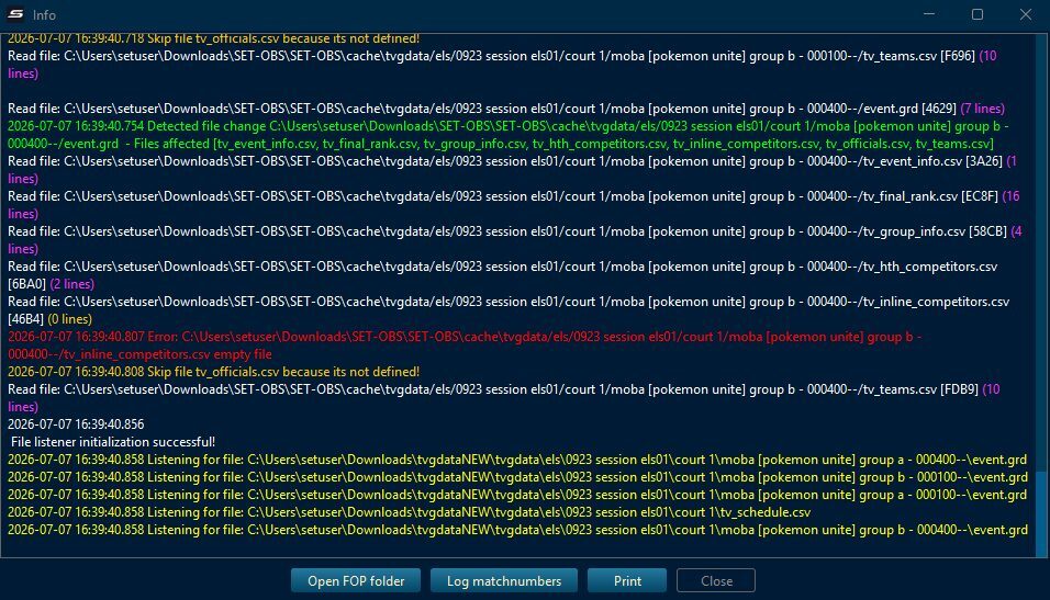 SET-OBS info window with red error lines