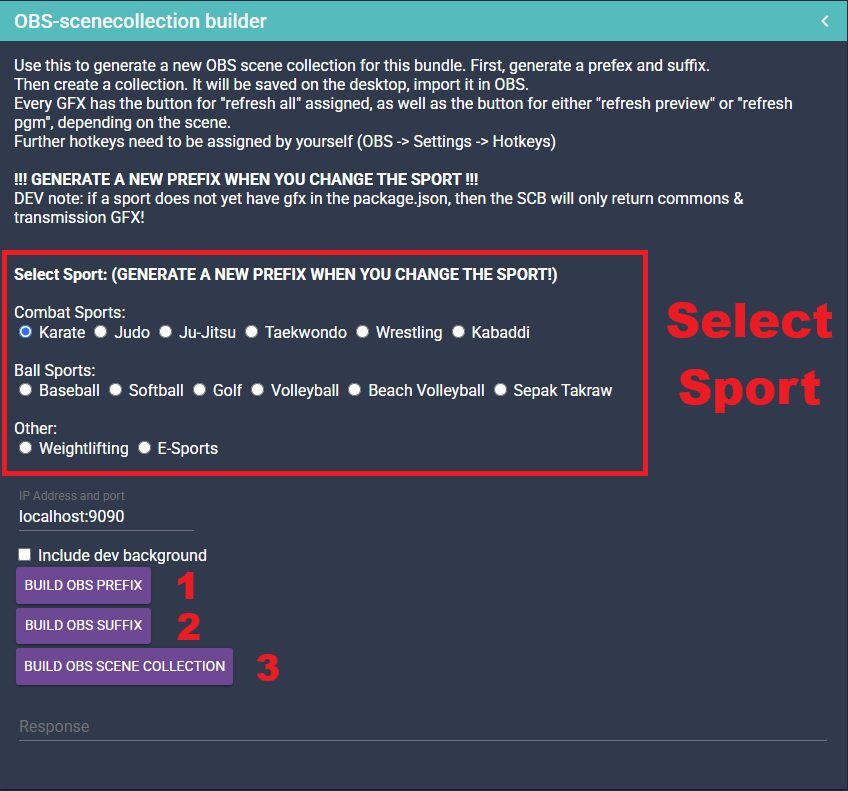 OBS scene collection builder panel with sport selection
