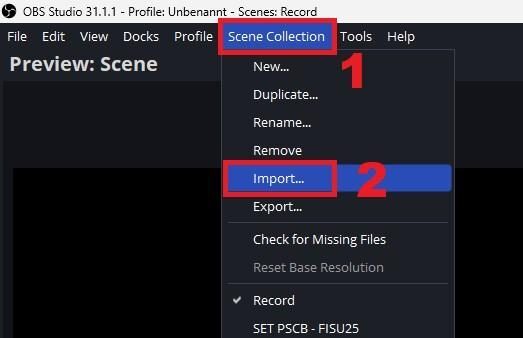 OBS Scene Collection menu with Import highlighted