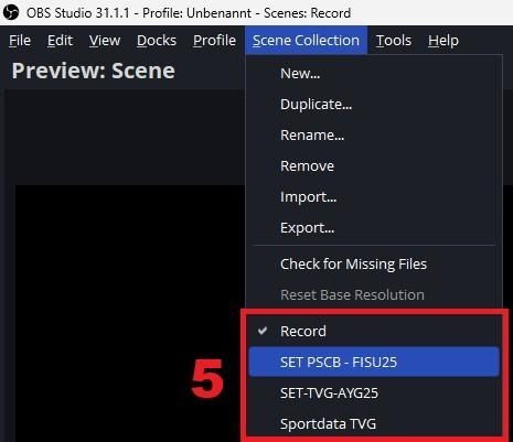 OBS Scene Collection menu showing the list of available collections