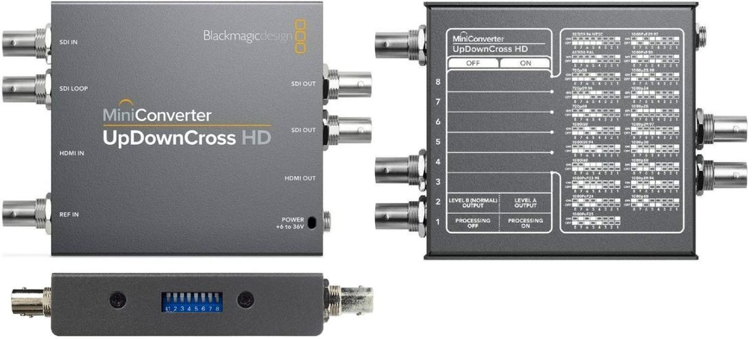 Blackmagic UpDownCross HD converter, front and rear with DIP switch chart