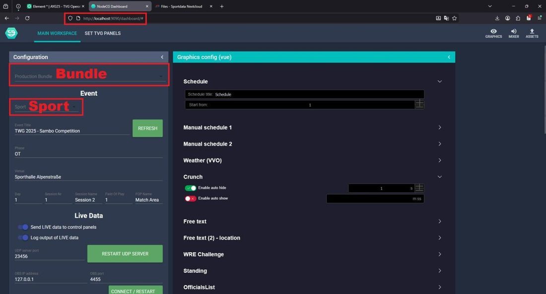 NodeCG dashboard main workspace with Bundle and Sport fields highlighted