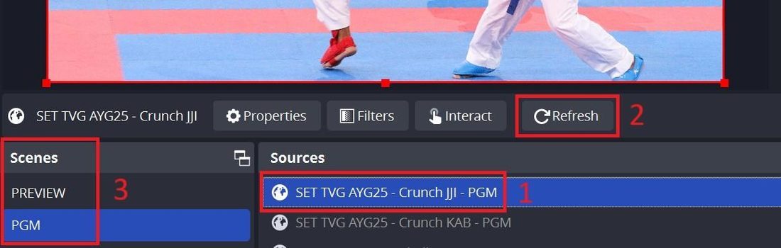 OBS sources list with a graphic selected and the Refresh button highlighted