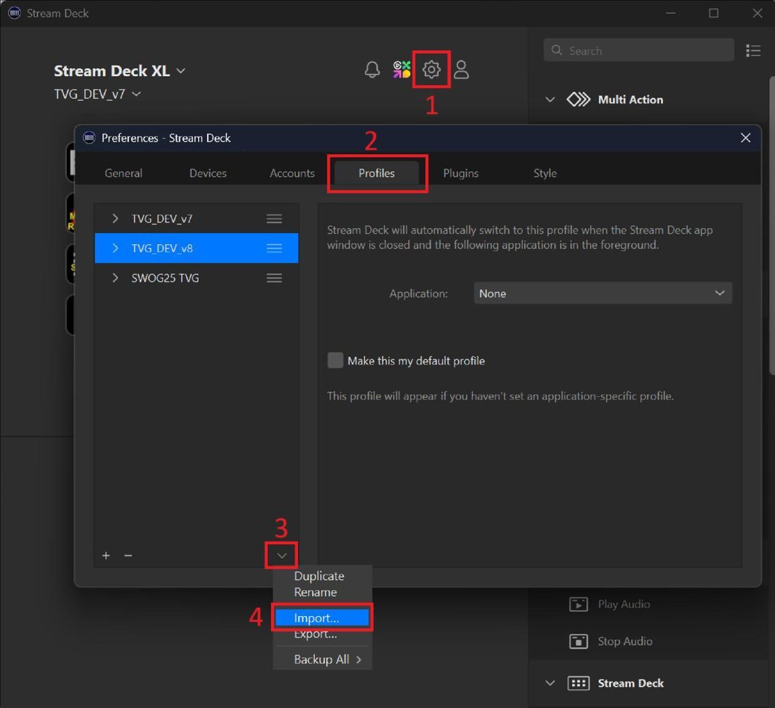 Stream Deck preferences showing the Profiles tab and Import option