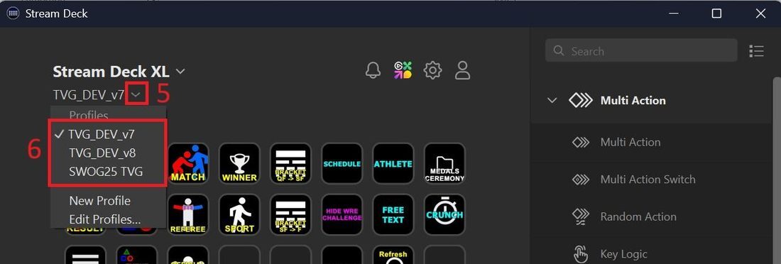 Stream Deck profile dropdown with the list of available profiles