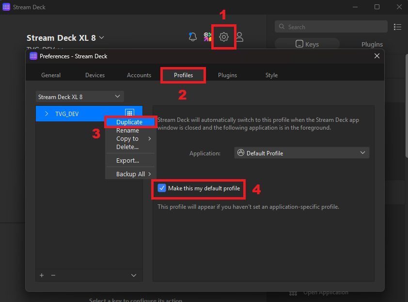 Stream Deck preferences showing the Duplicate option and default profile checkbox